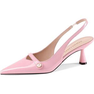 🆕Pink Faux Leather Slingback Kitten Heel Pumps, Pearl Pointed Toe for Wedding